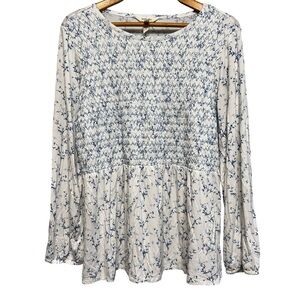 Smocked Peplum Floral Blouse in White and Blue